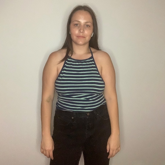 Navy, Seagreen and White Striped Halter Top - Picture 6 of 6